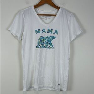 Life Is Good Women’s Small White V‑Neck Crusher Tee Blue Green Floral Mama Bear